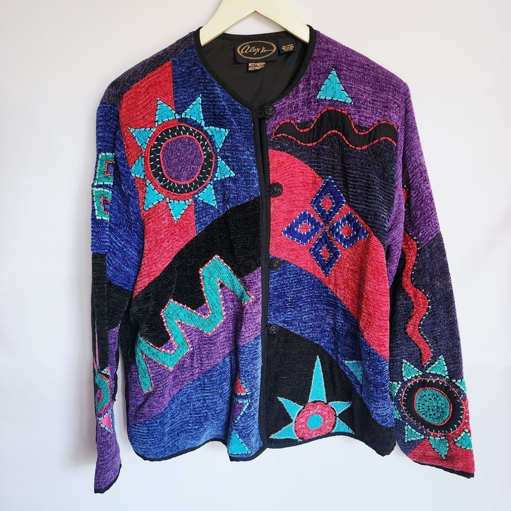 Alex Kim Vintage Jacket Medium Rayon Art To Wear Abstract Sun Boho Artsy 80s 90s
